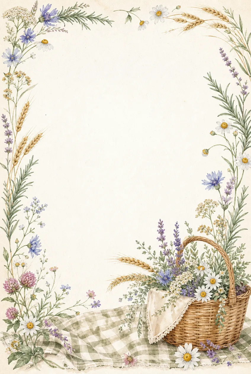Country picnic border with wicker flower basket, lavender, daisies, wheat, blue flowers, and gingham cloth