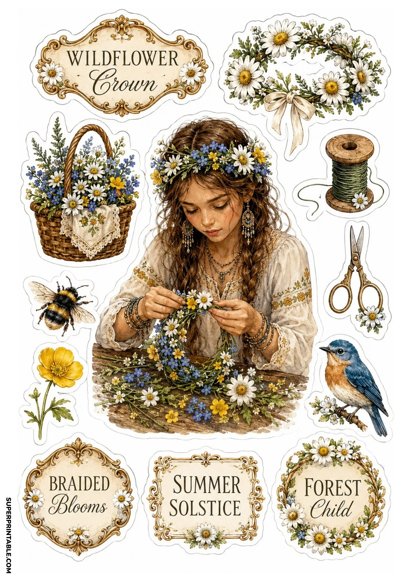 Summer solstice wildflower crown stickers showing a girl weaving a daisy wreath, bluebird, and bumblebee.