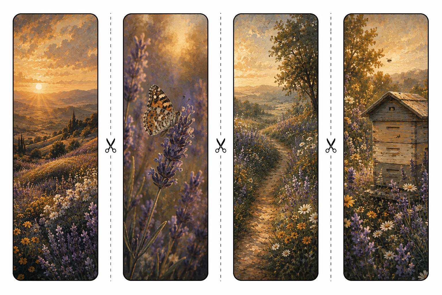 Four printable wildflower bookmarks with golden hills, a butterfly on lavender, a winding blossom path, and a wooden beehive