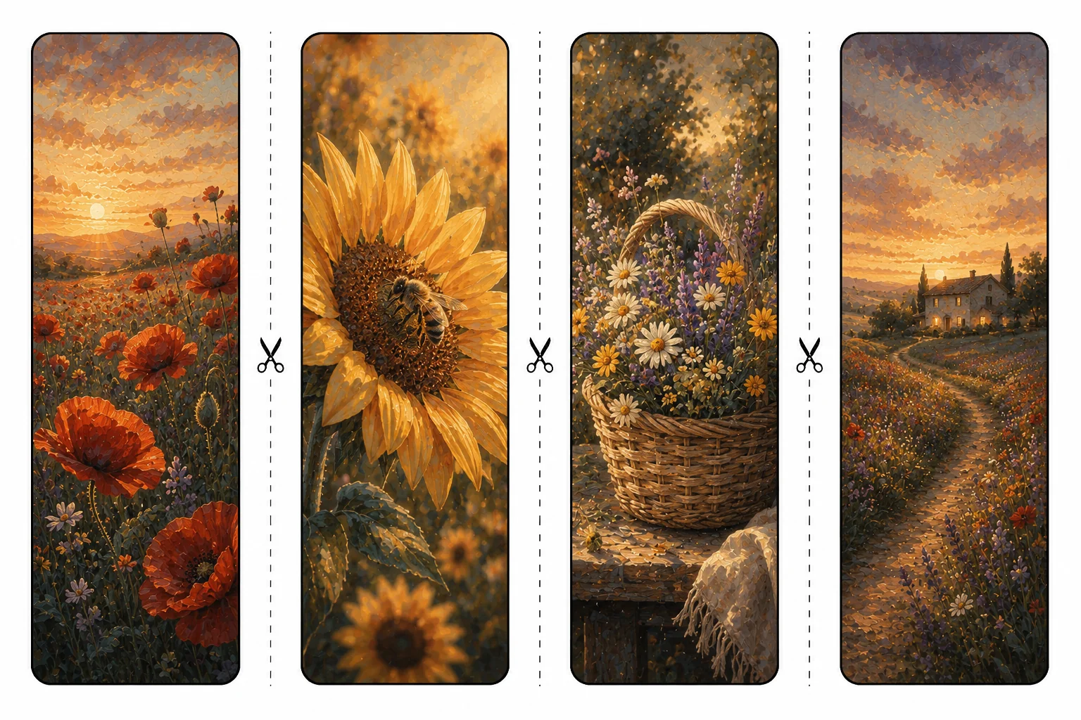 Four printable wildflower bookmarks with a poppy field, a bee on a sunflower, a woven flower basket, and a farmhouse at dusk