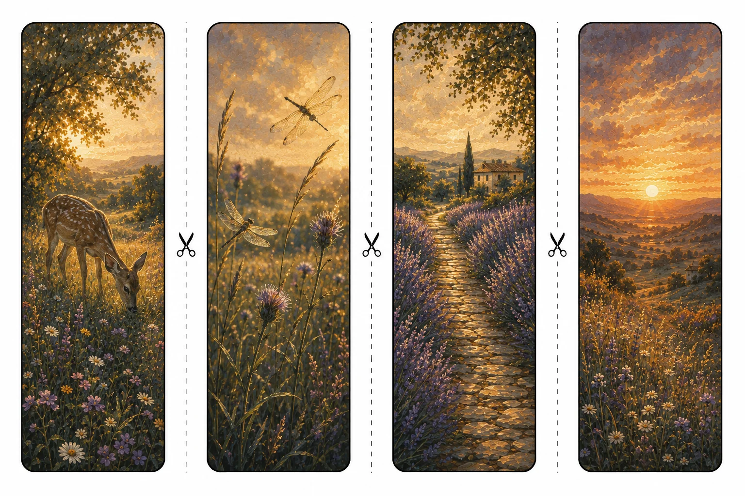 Four printable wildflower bookmarks with a deer in a meadow, dragonflies over grass, a stone lavender path, and the sun setting behind hills