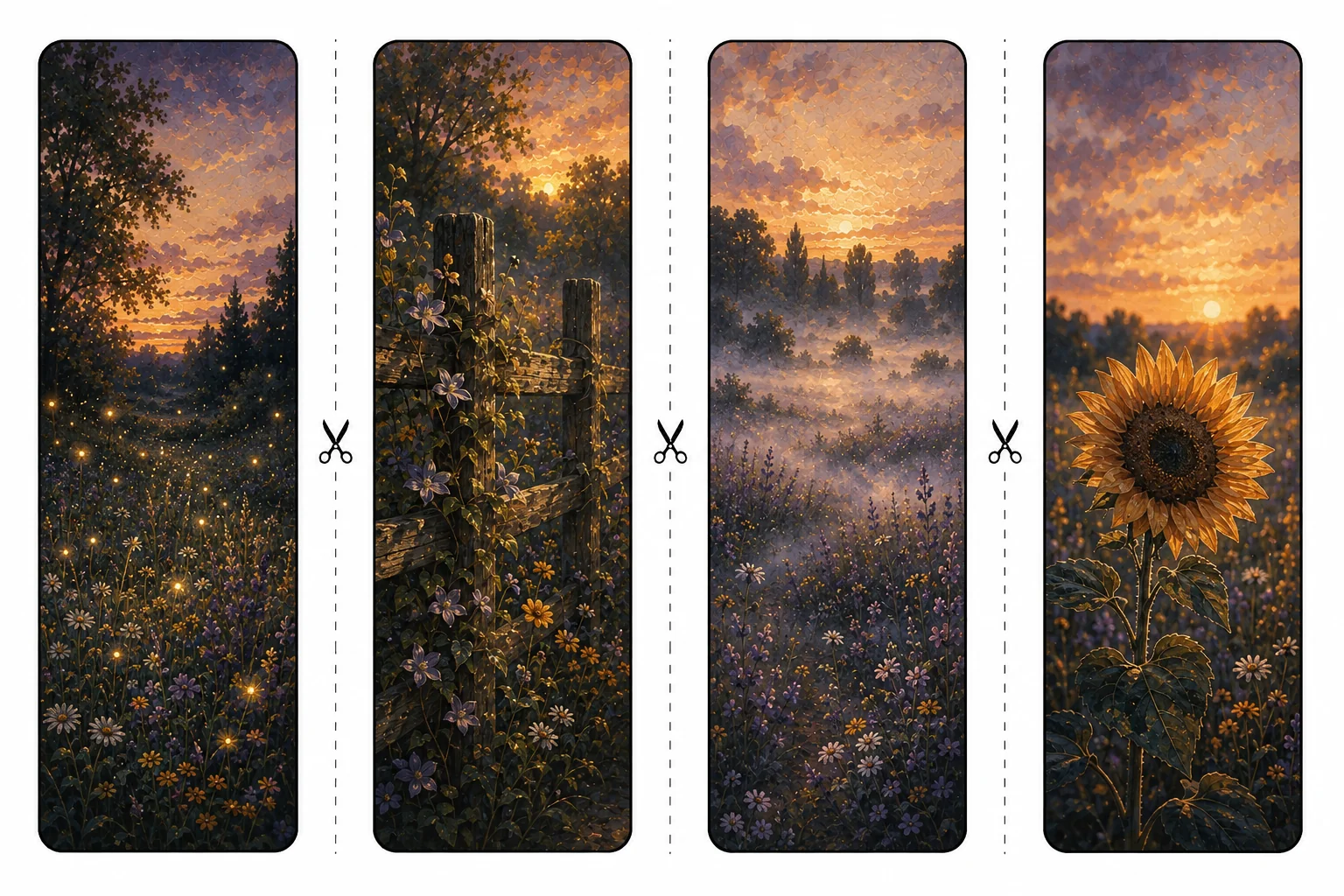 Four printable wildflower bookmarks with fireflies at twilight, a flower-covered fence, evening mist over blossoms, and a sunflower in last light