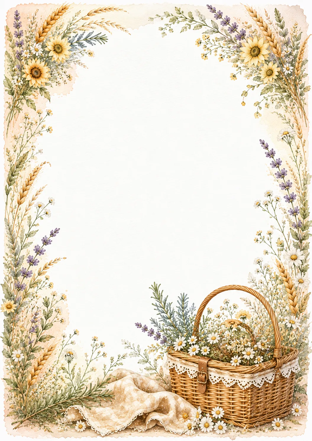 Floral summer border with wicker picnic basket, daisies, lavender, wheat, and wildflowers