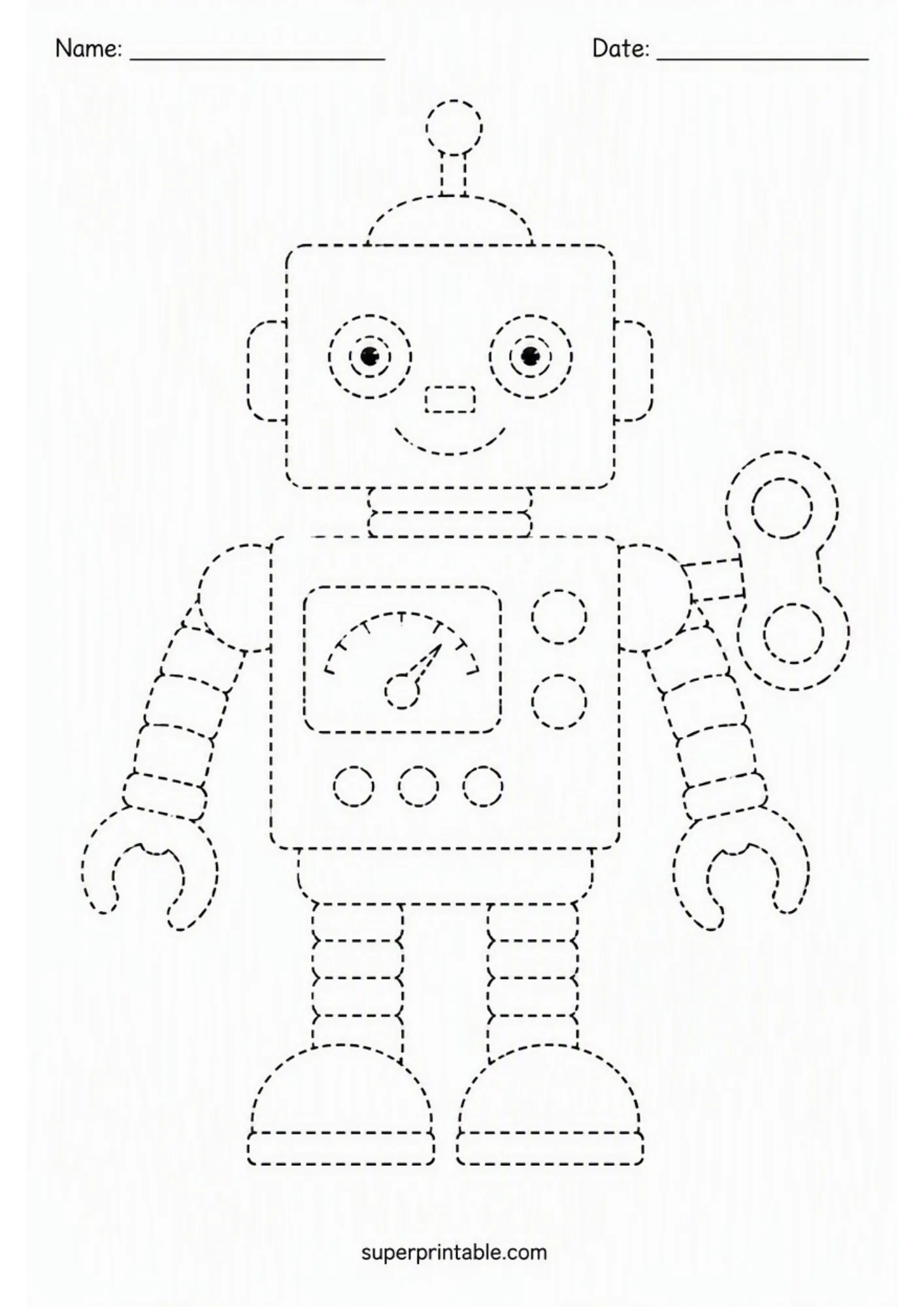 Wind-up robot tracing activity with antenna, control panel, claw hands, buttons, and key