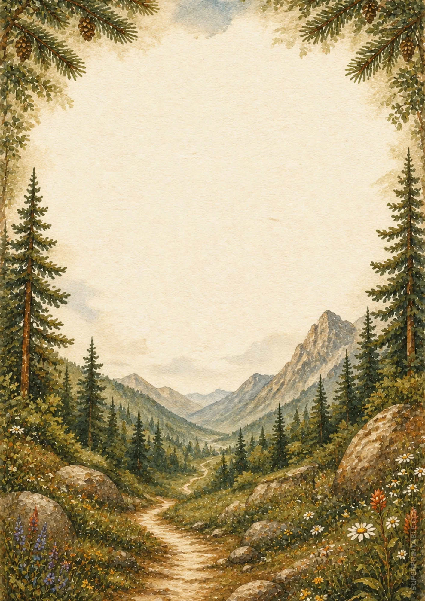 Winding mountain path stationery border through wildflower valley with sharp distant peaks.