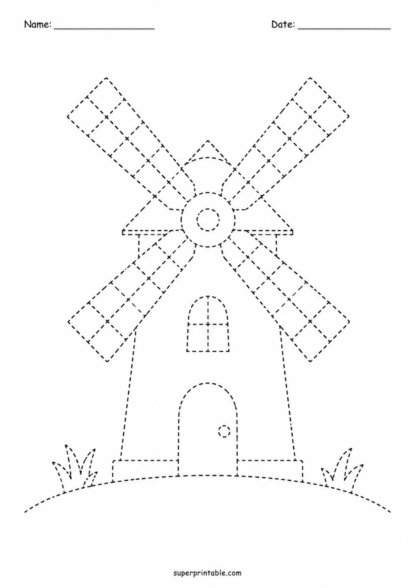 Black and white tracing worksheet of a classic windmill with four blade panels set upon a curved ground line.