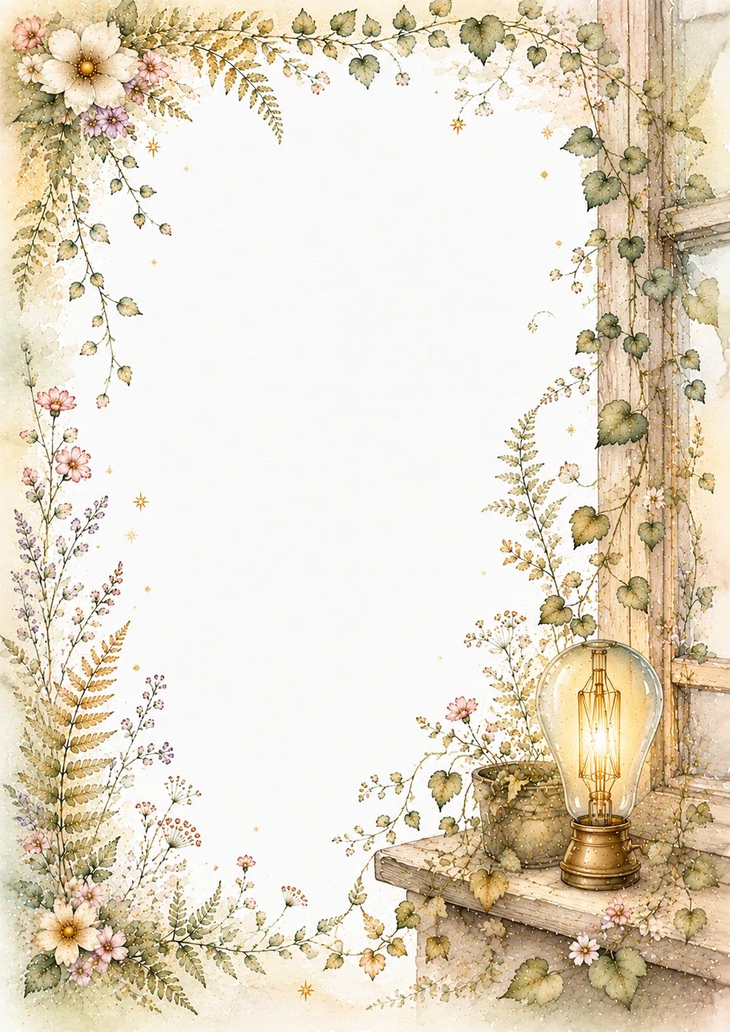 Glowing bulb on a rustic windowsill with climbing ivy, pastel flowers, and delicate ferns