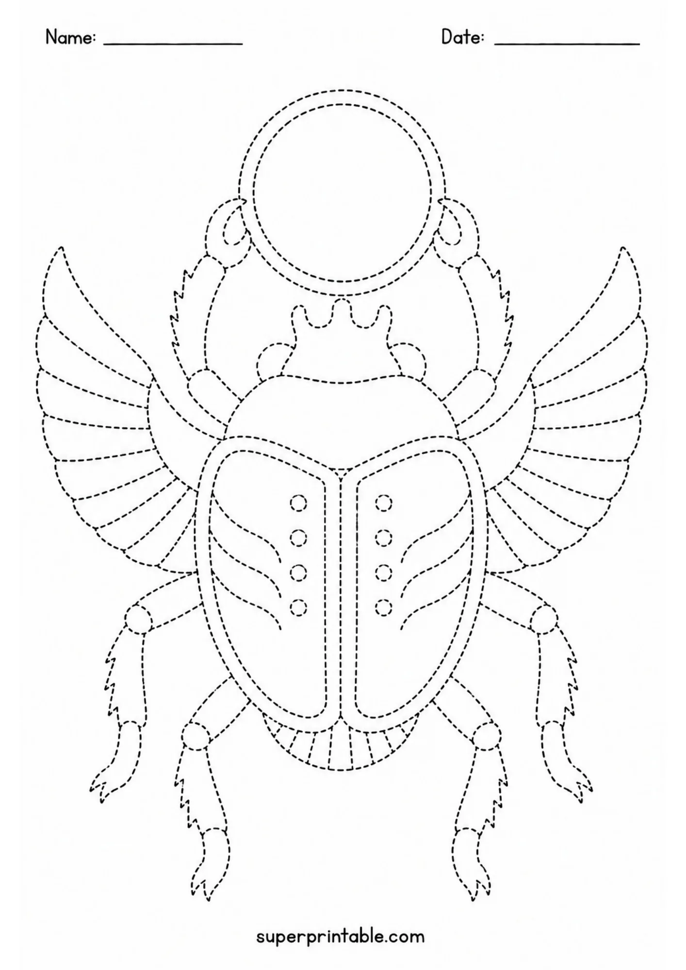 Winged scarab beetle holding a sun disk in a featured set of ancient egypt activity worksheets.