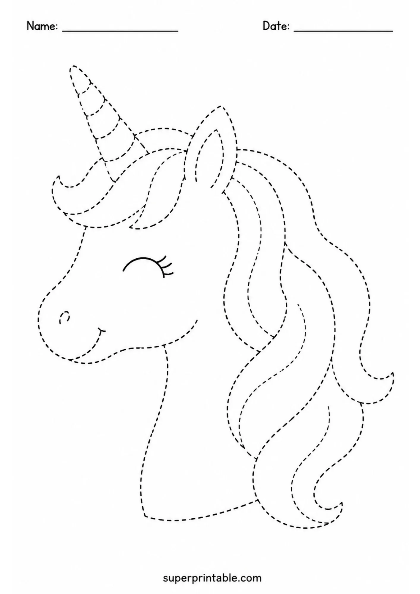 Winking unicorn head profile with spiraled horn and wavy mane in dashed tracing lines.