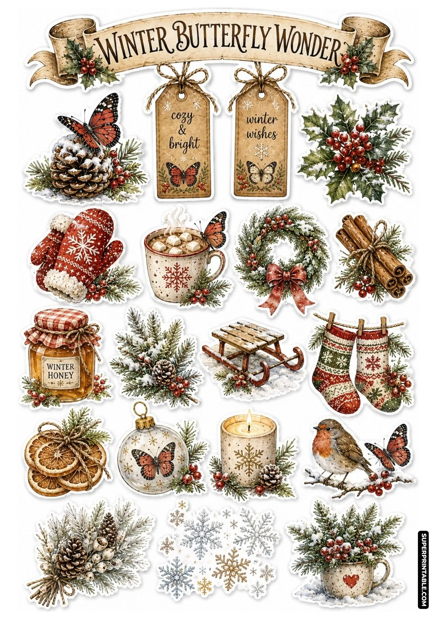 Cozy winter butterfly wonder sticker sheet with snow-dusted pinecones, red mittens, and warm hot cocoa.