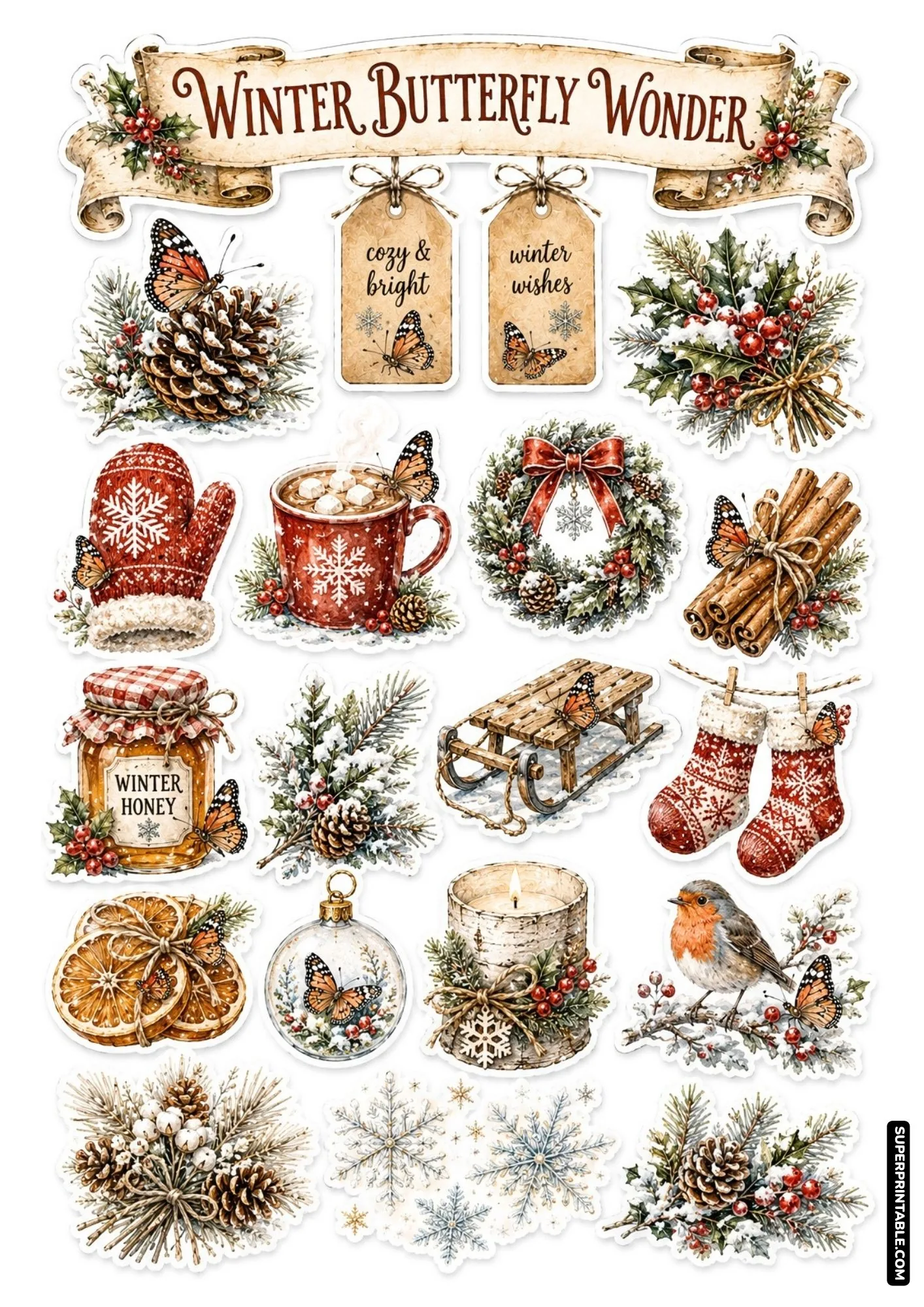 Cozy winter holiday sticker sheet featuring butterflies, red mittens, hot cocoa mugs, evergreen wreaths, and winter birds.