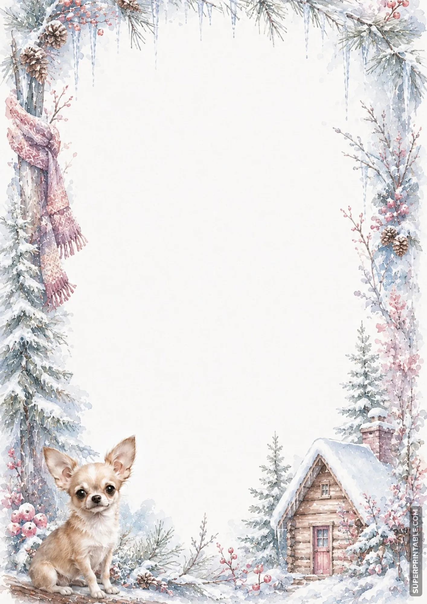 Winter landscape border page with snow covered cottage icy pine trees and chihuahua