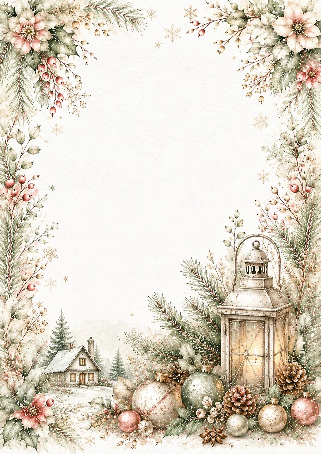 Cozy winter border with snowy cottage, glowing lantern, ornaments, poinsettias, pinecones, and holly
