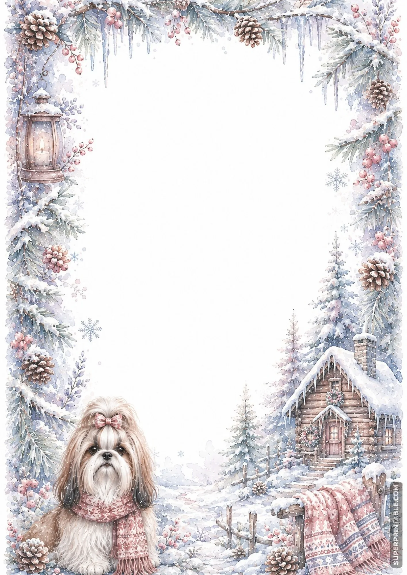 Snowy winter countryside page frame with log cabin pine trees and cute pup