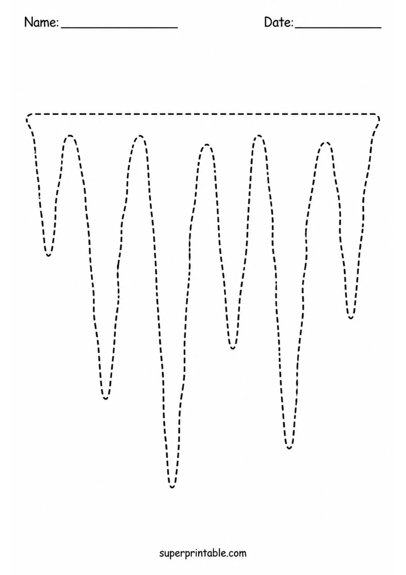 Black and white tracing worksheet showing sharp vertical icicles hanging downward in dashed outlines.