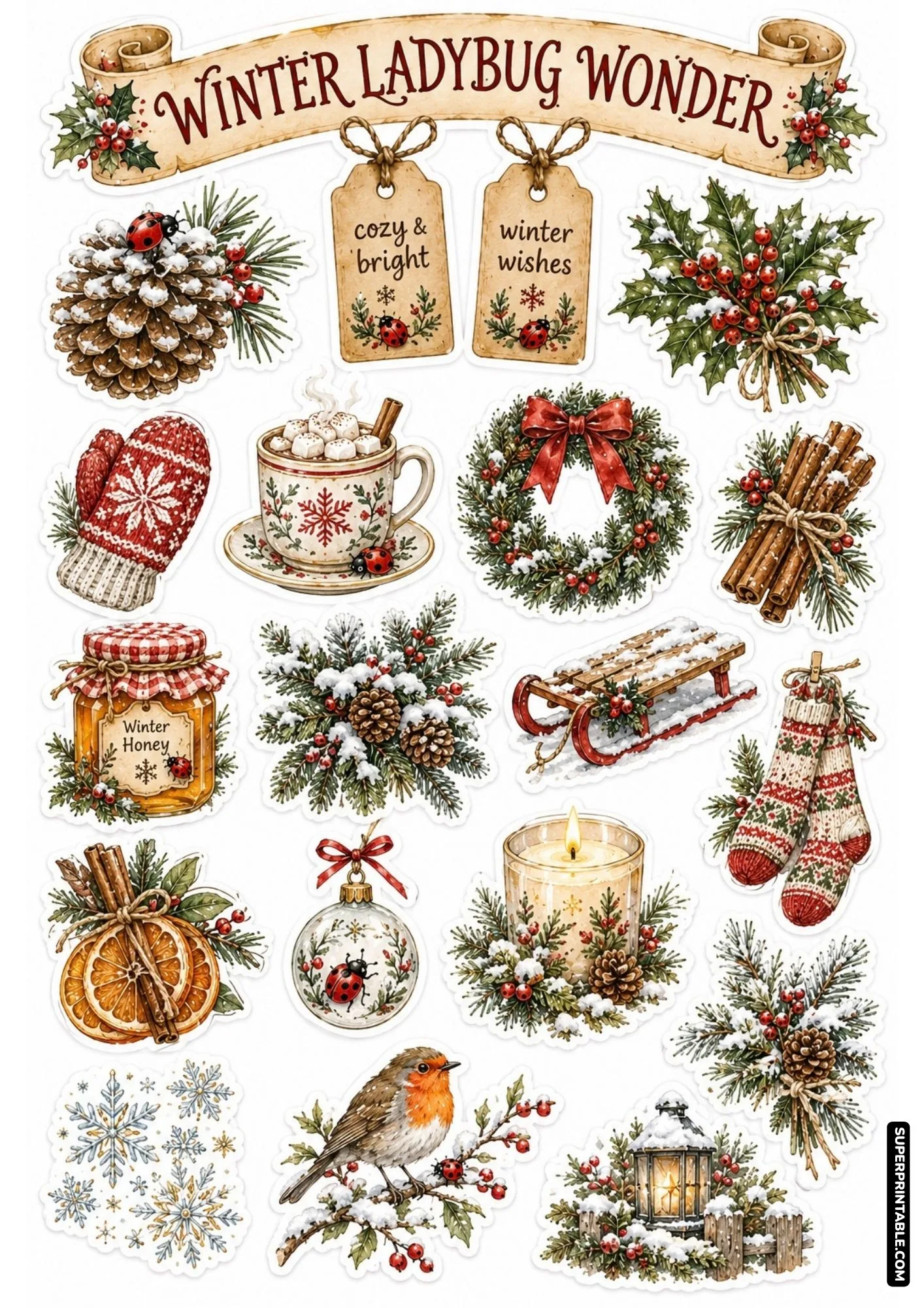 Cozy winter holiday sticker sheet featuring ladybugs, red mittens, hot cocoa mugs, evergreen wreaths, and winter birds.