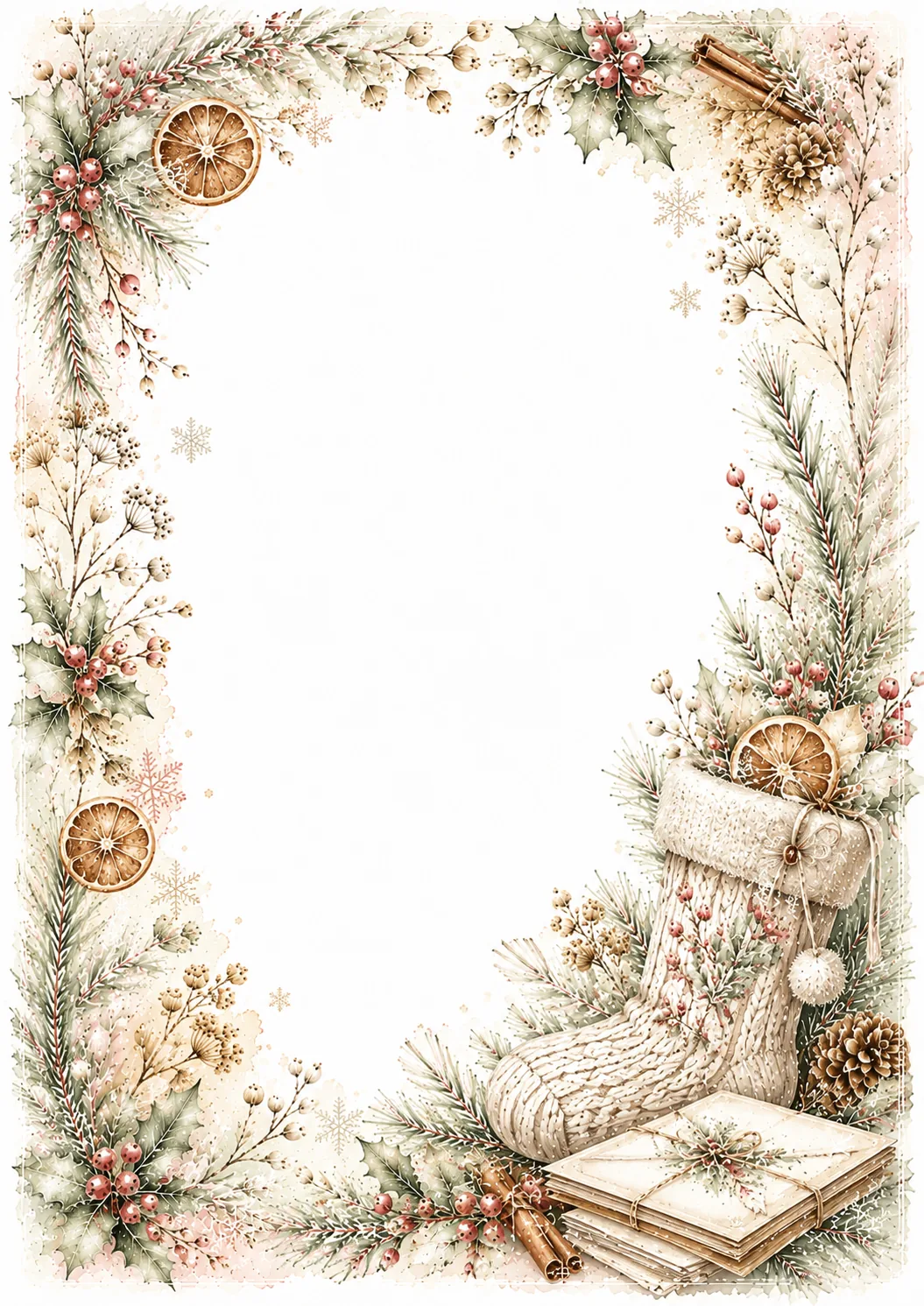 Winter writing border with knitted mittens, dried orange slices, books, and pine branches