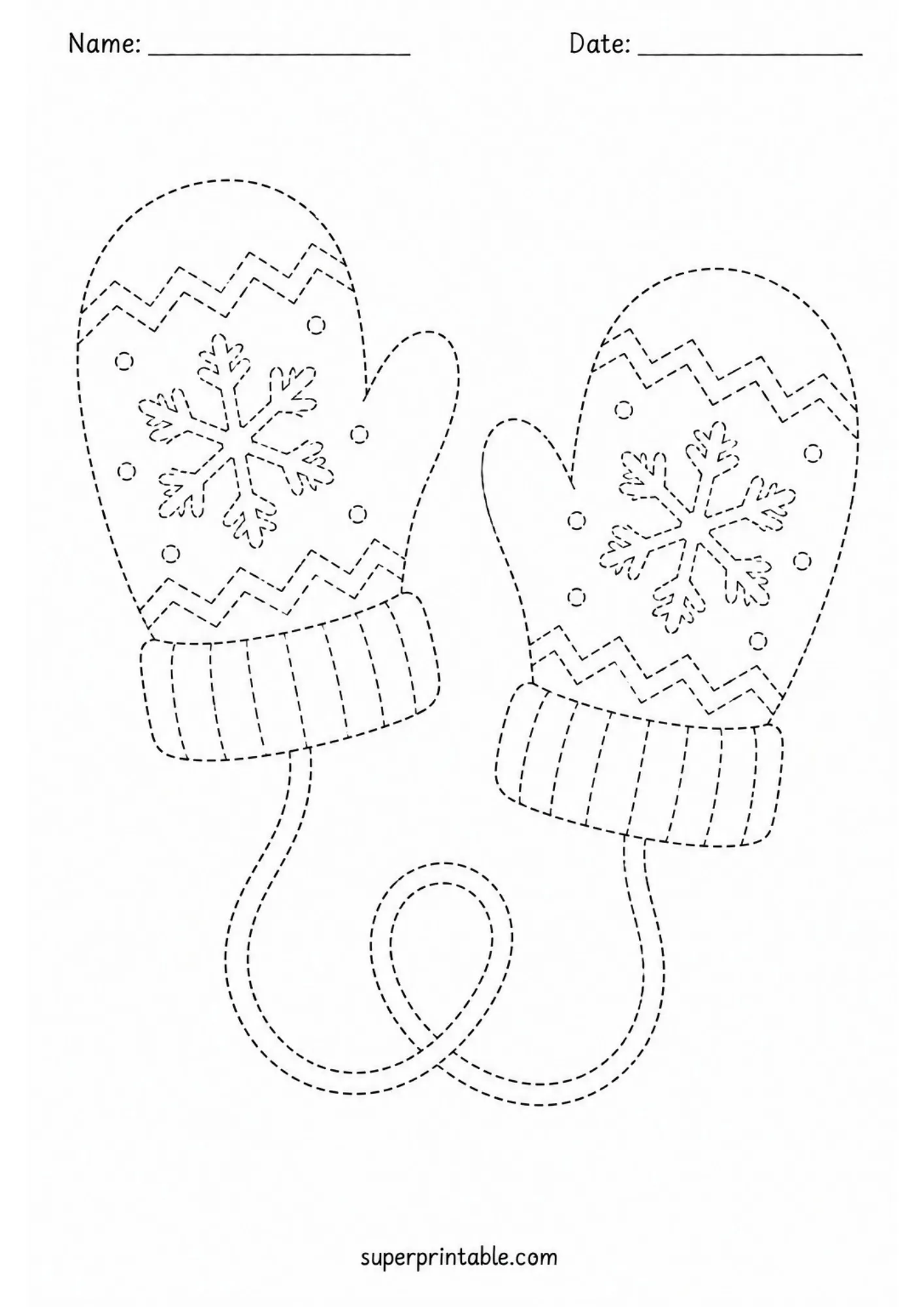 Printable tracing sheet of warm winter mittens connected by a cord with snowflake patterns.