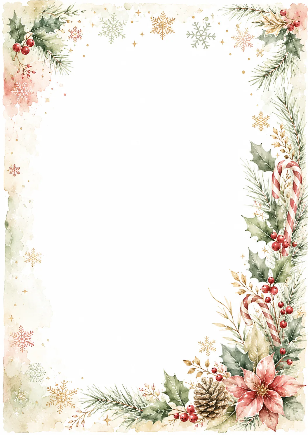 Winter border decorated with pine branches, ornaments, berries, pinecones, and snowflakes
