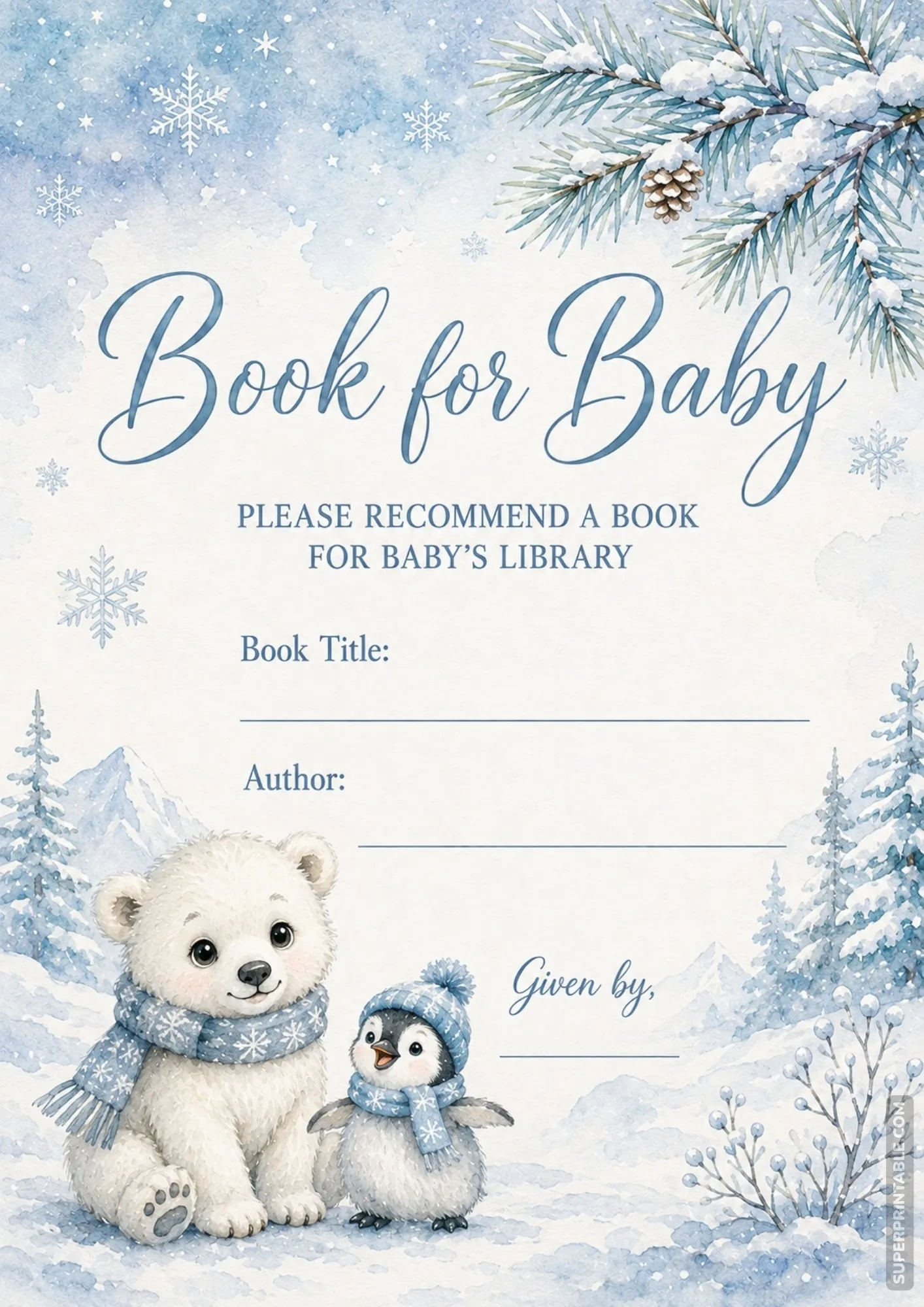 Winter wonderland baby shower book request printable with polar bear, penguin, and pine branches.