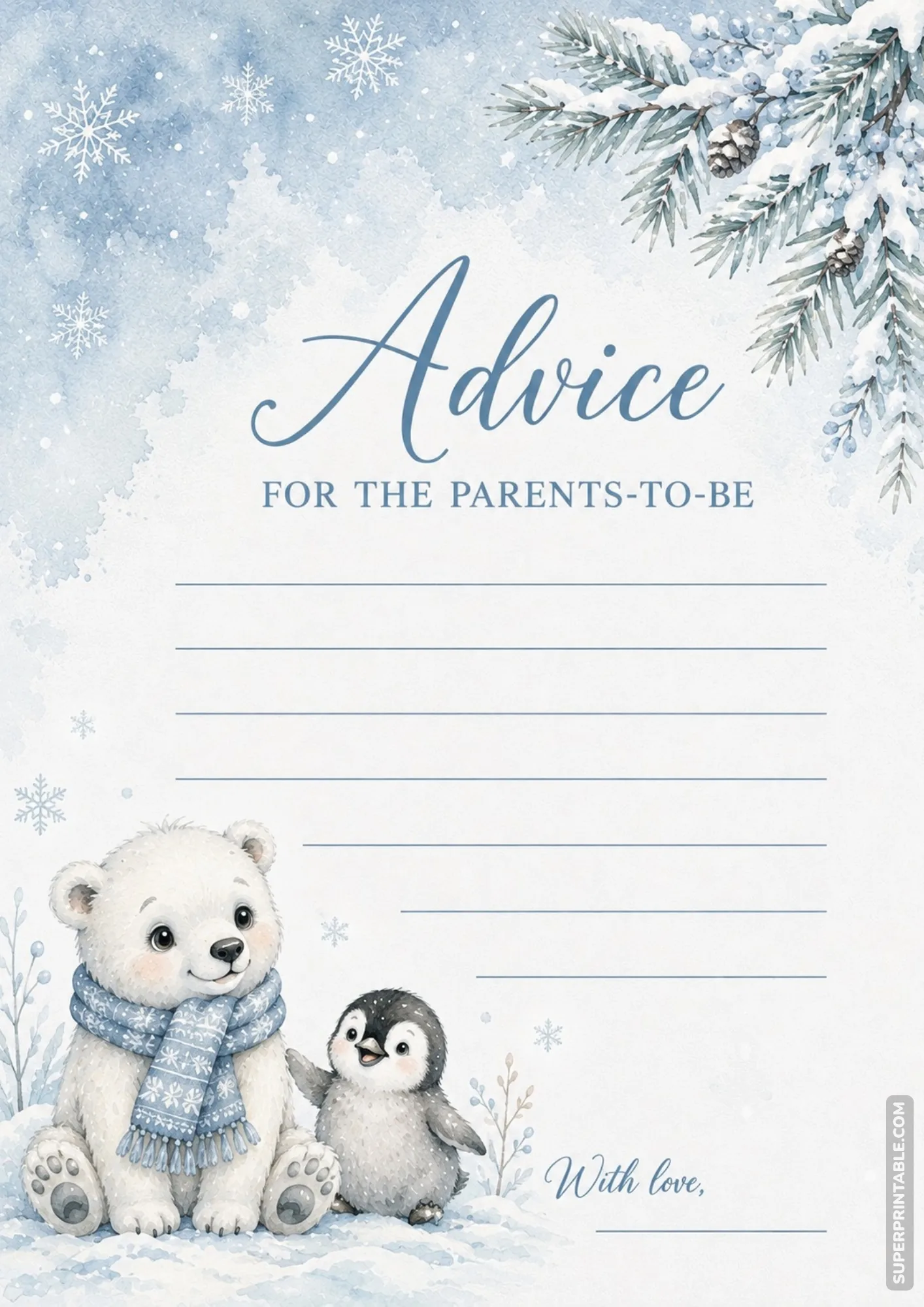 Winter baby shower advice card featuring a cozy polar bear in a scarf beside a cute baby penguin.