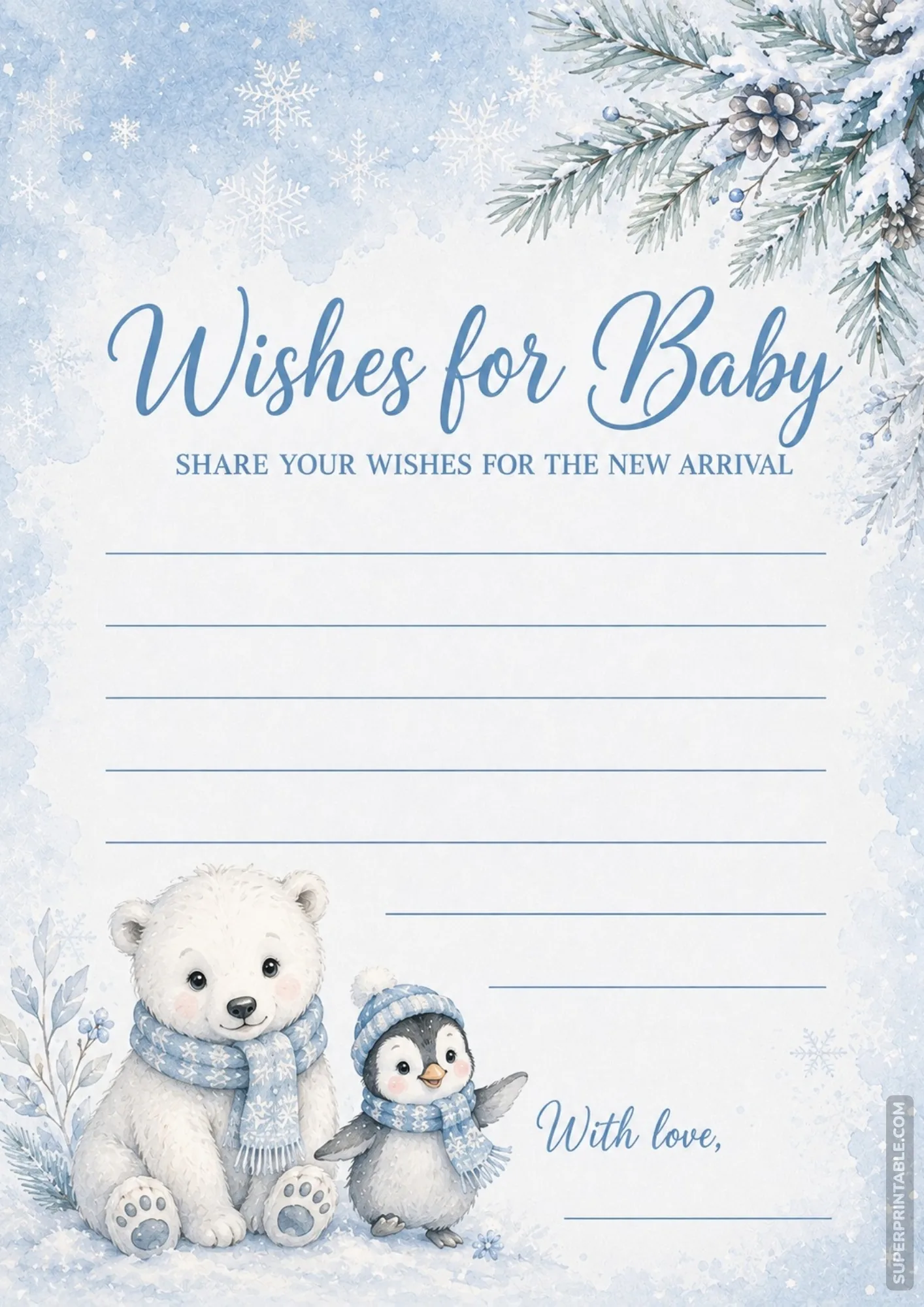 Winter wonderland card template featuring a cute baby polar bear and penguin in cozy blue scarves.