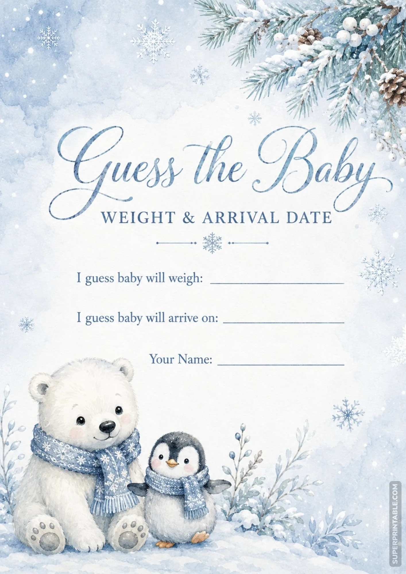Winter wonderland baby prediction card with a cozy polar bear and penguin in blue scarves.