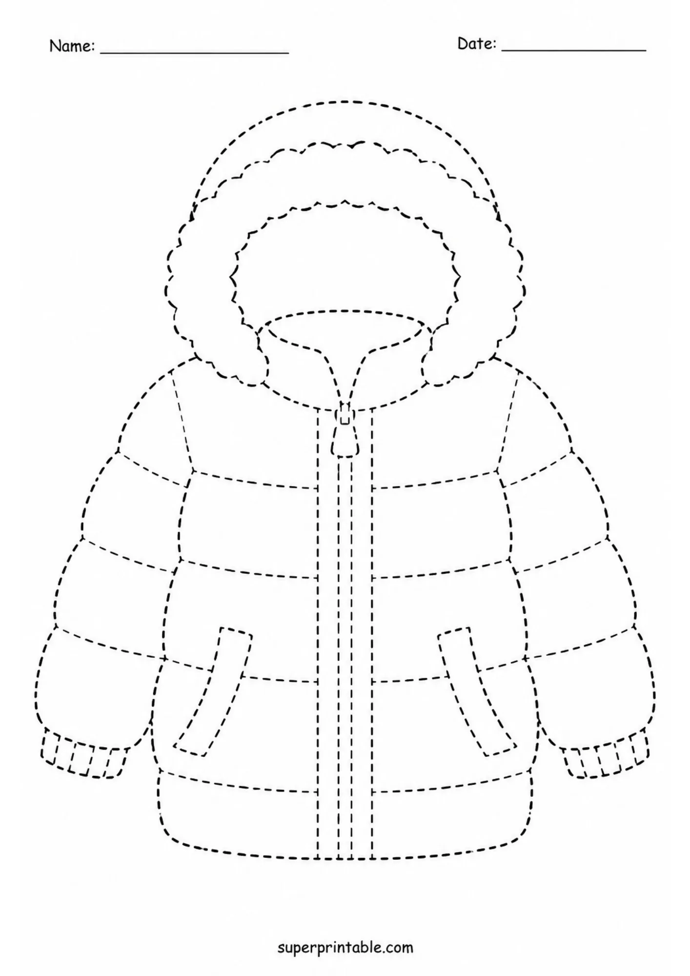 Dashed line tracing worksheet of a cozy winter puffer jacket for kids fine motor practice.