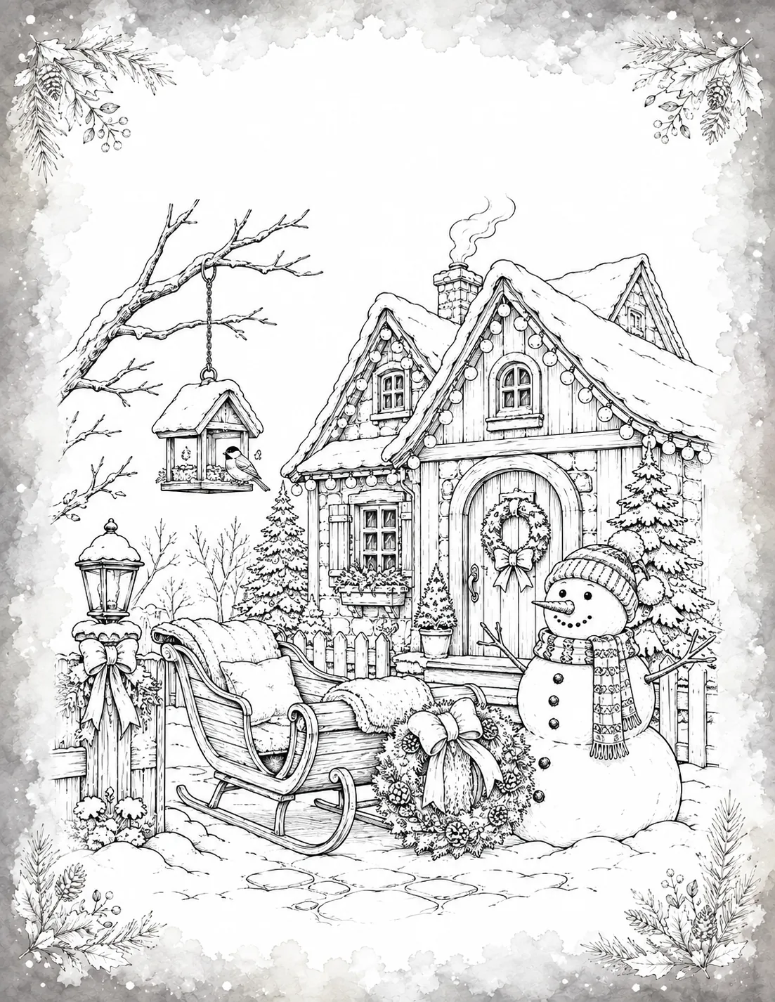 Winter holiday coloring page showing a snowman in a beanie, a wooden sleigh with blankets, a hanging birdhouse, and a string-lit cottage inside a gray watercolor border.