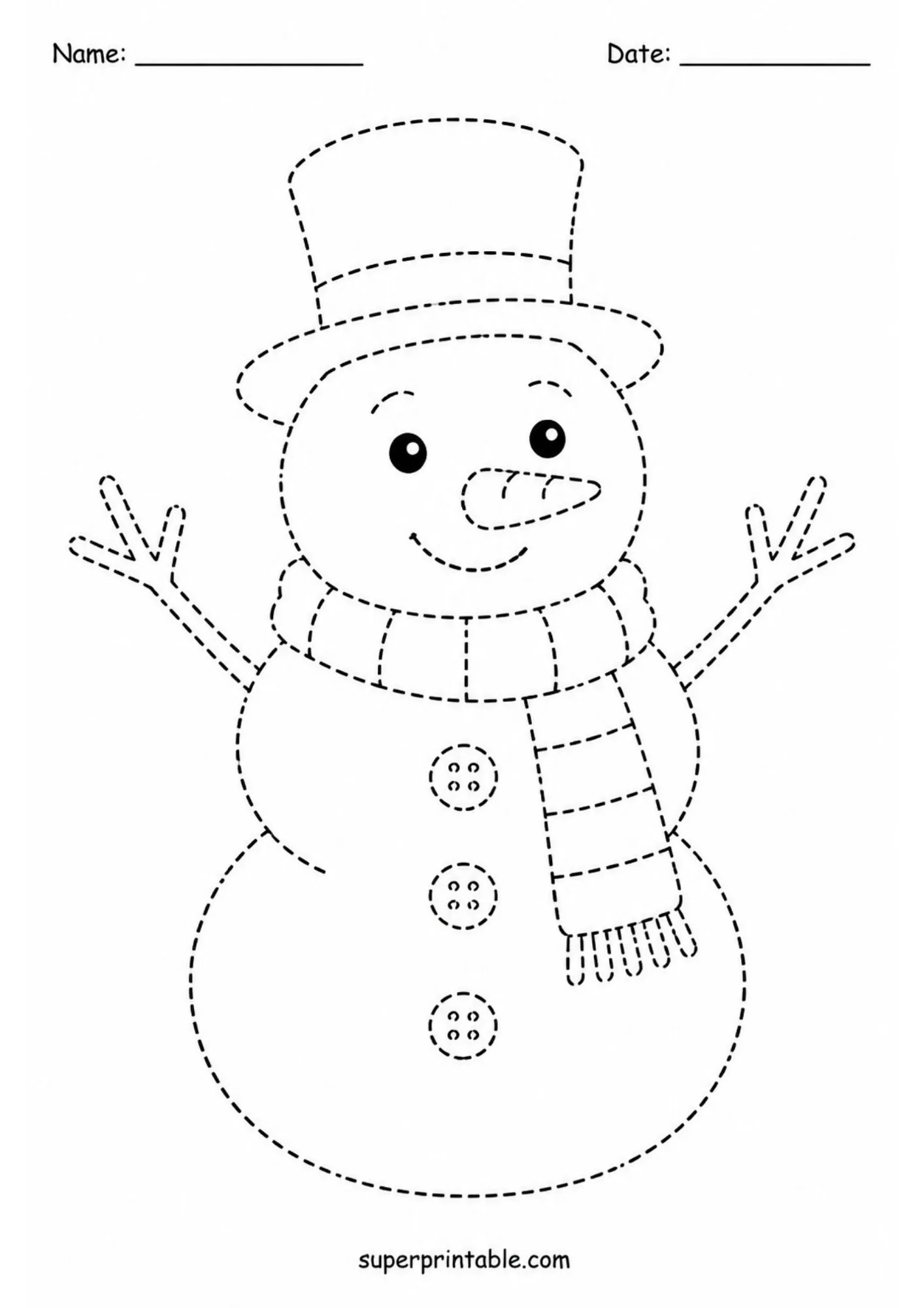 Black and white tracing worksheet of a cartoon snowman with top hat, scarf, buttons, and branch arms rendered in dashed lines.