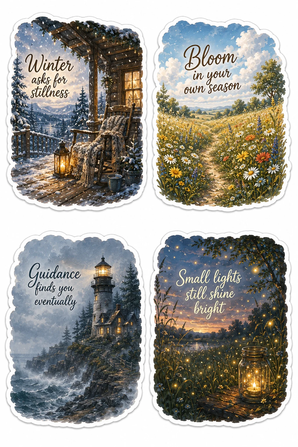 Winter Stillness Bloom Own Season Light Sheet featuring scenic nature landscapes, peaceful weather aesthetic, seasonal changes, and calm quotes.