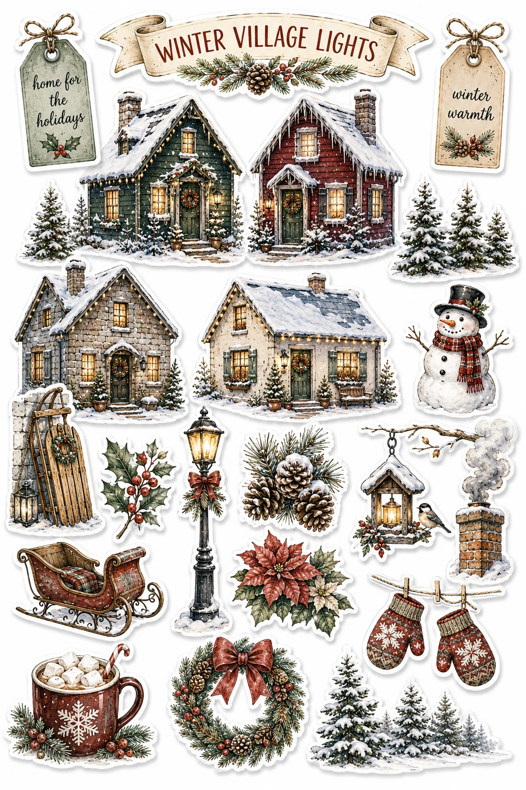 Winter Village Lights Snow Cabins Snowman Sheet featuring cottagecore architecture, cozy village houses, seasonal cabins, and countryside farms.