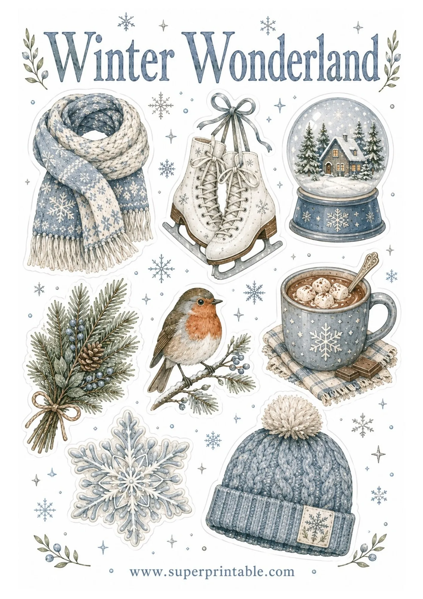 Printable winter wonderland sticker sheet featuring watercolor knit scarf, ice skates, snowglobe, robin on branch, hot cocoa mug, blue snowflake, and beanie hat.