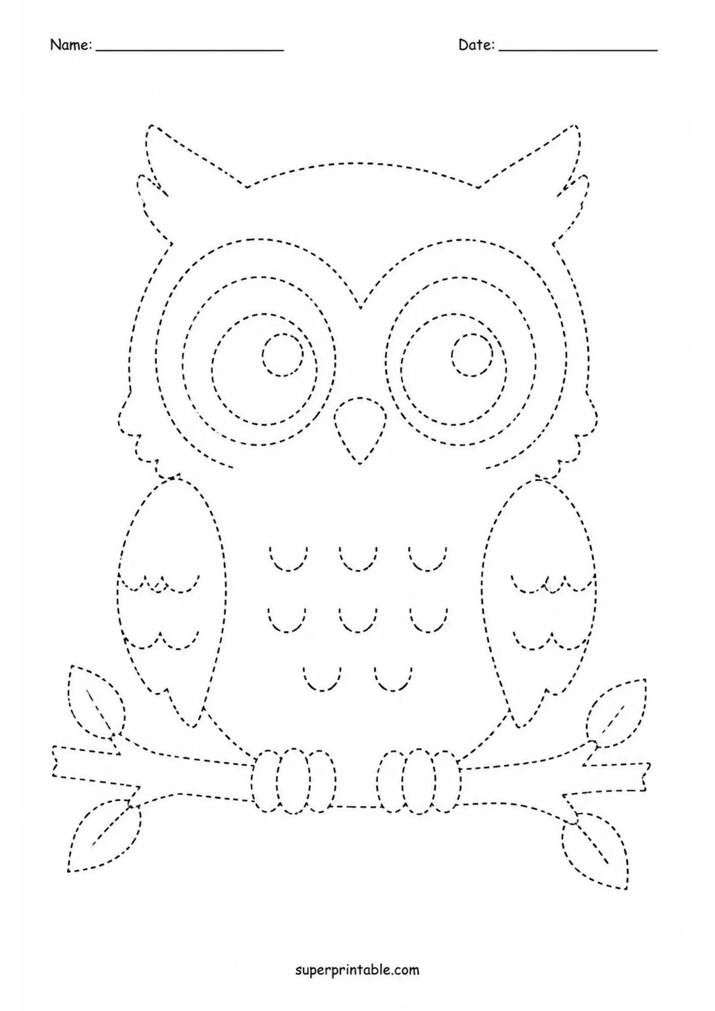 Wise owl sitting on a tree branch dashed outline tracing sheet for handwriting skill.