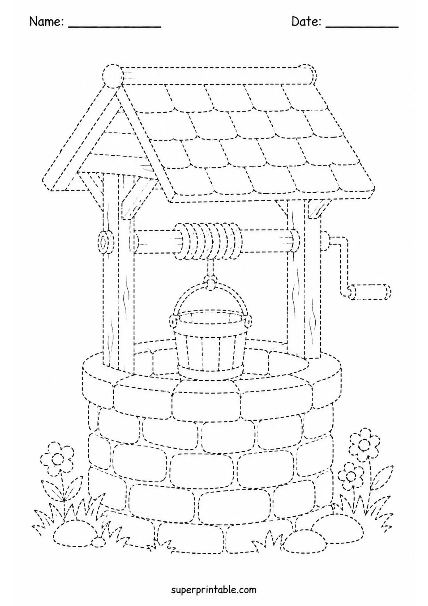 Charming stone wishing well dashed line tracing page ideal for preschool fine motor control and drawing practice.