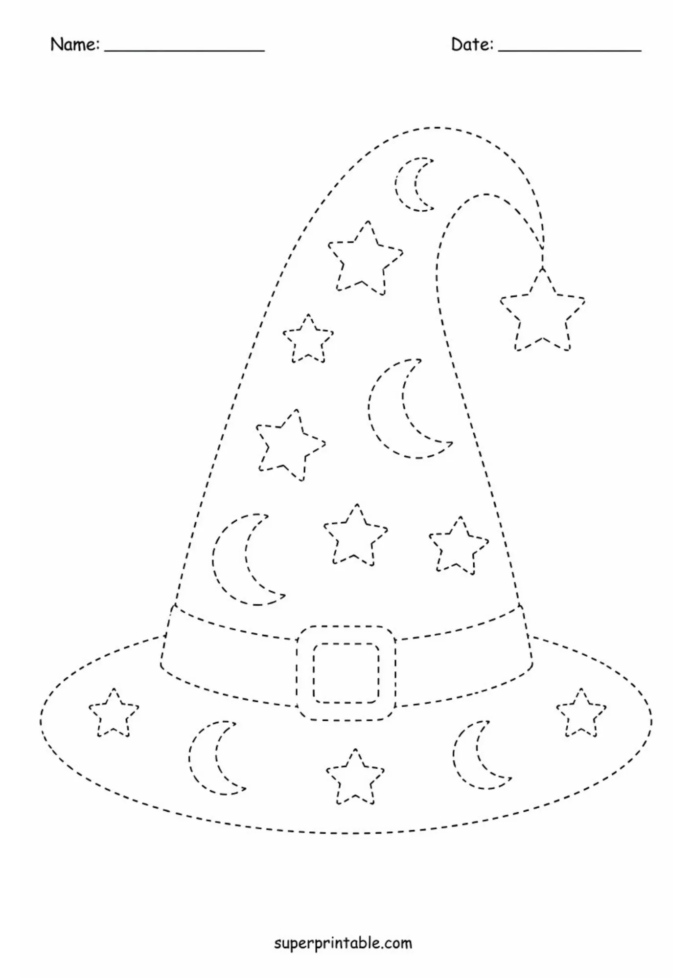 Magical fantasy tracing worksheet featuring a wizard hat decorated with dashed stars and moons.