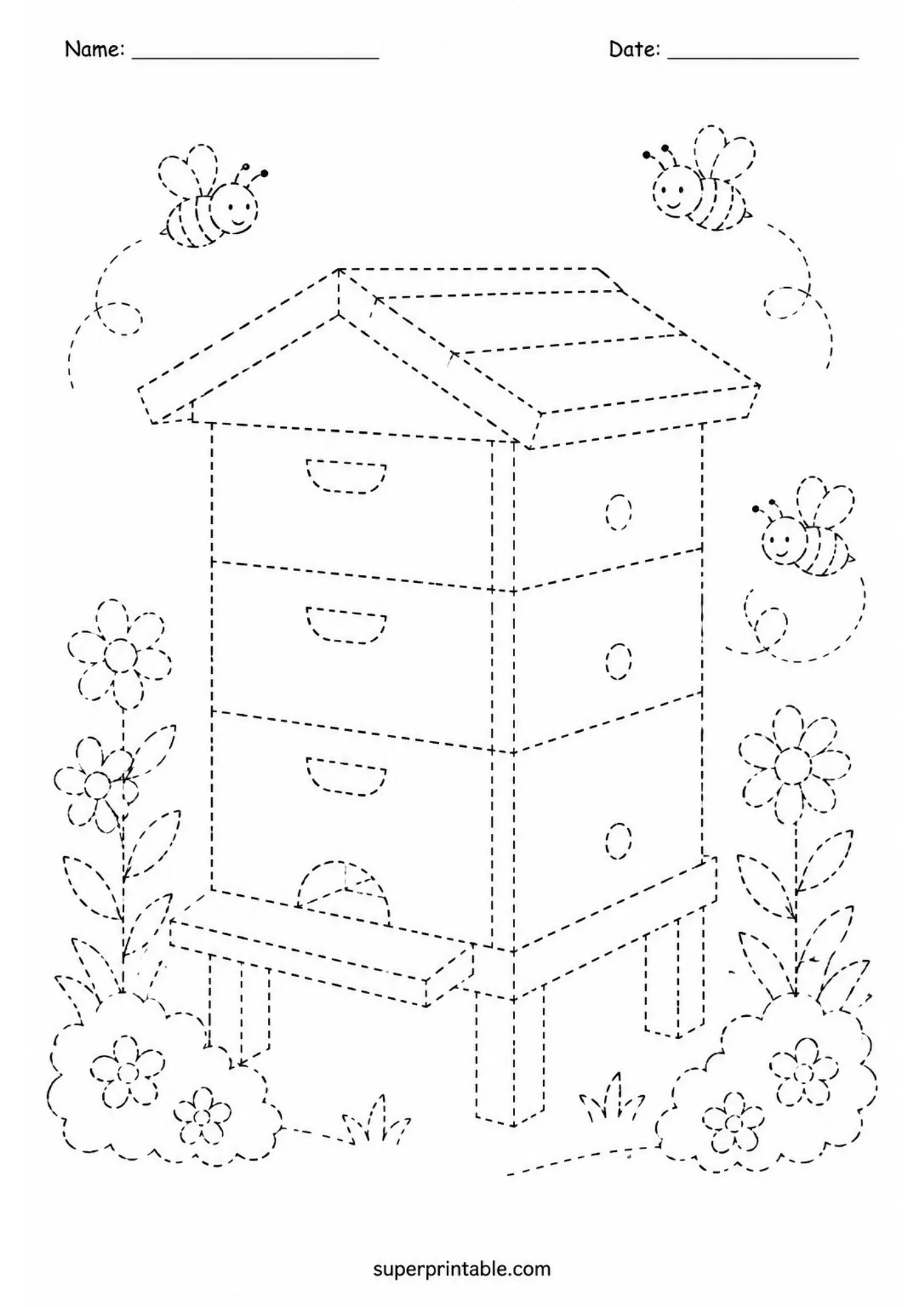 Tracing printable featuring a multi-tiered wooden beehive with honeybees and flowers.