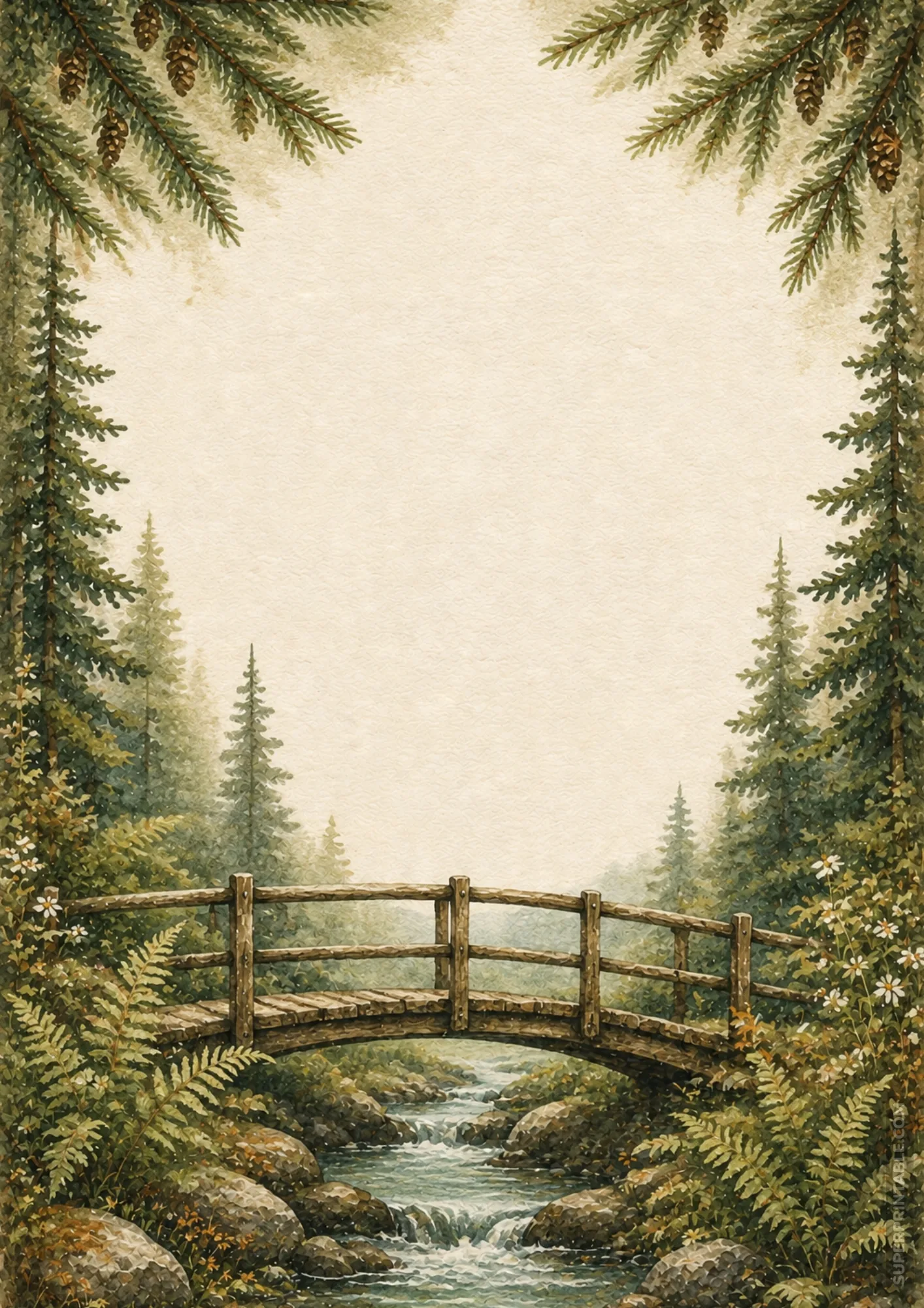 Rustic wooden bridge stationery border over forest stream surrounded by tall pine trees.