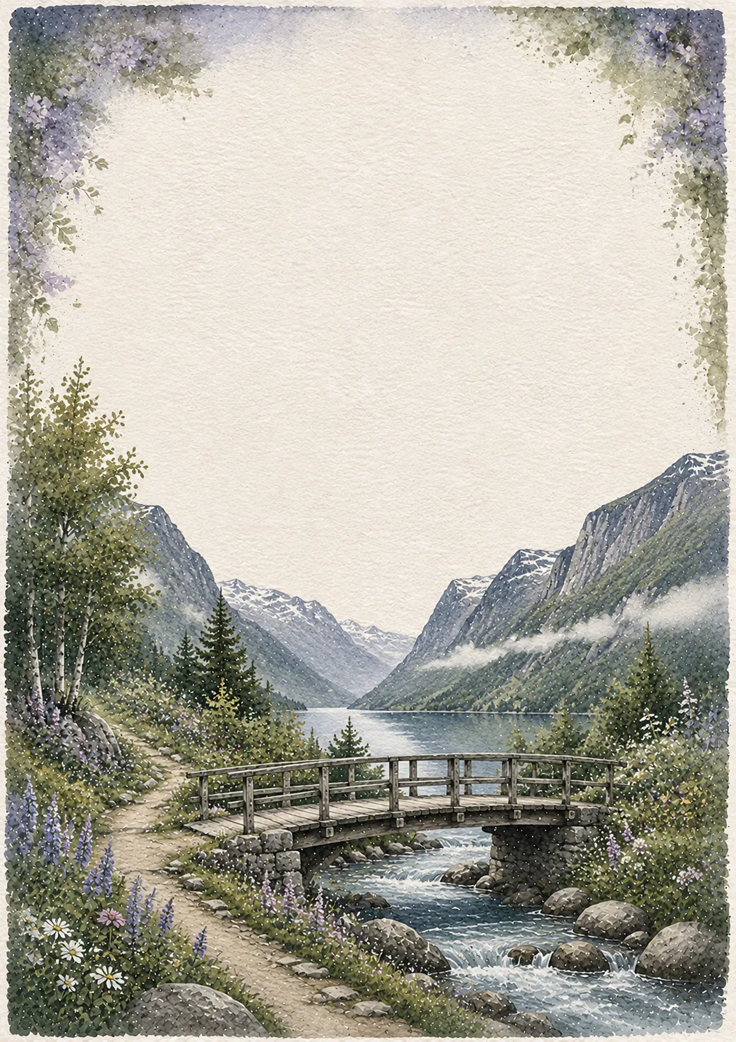 Watercolor wash border detailing a wooden footbridge over a bubbling brook in a blooming fjord valley.