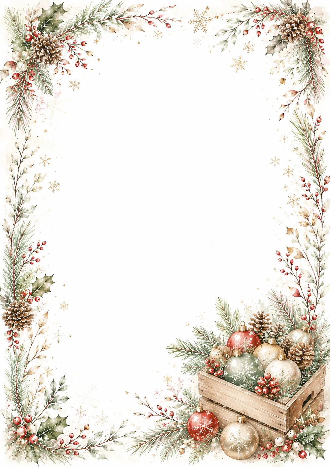 Rustic Christmas border with wooden crate, ornaments, pinecones, evergreen branches, holly, and berries