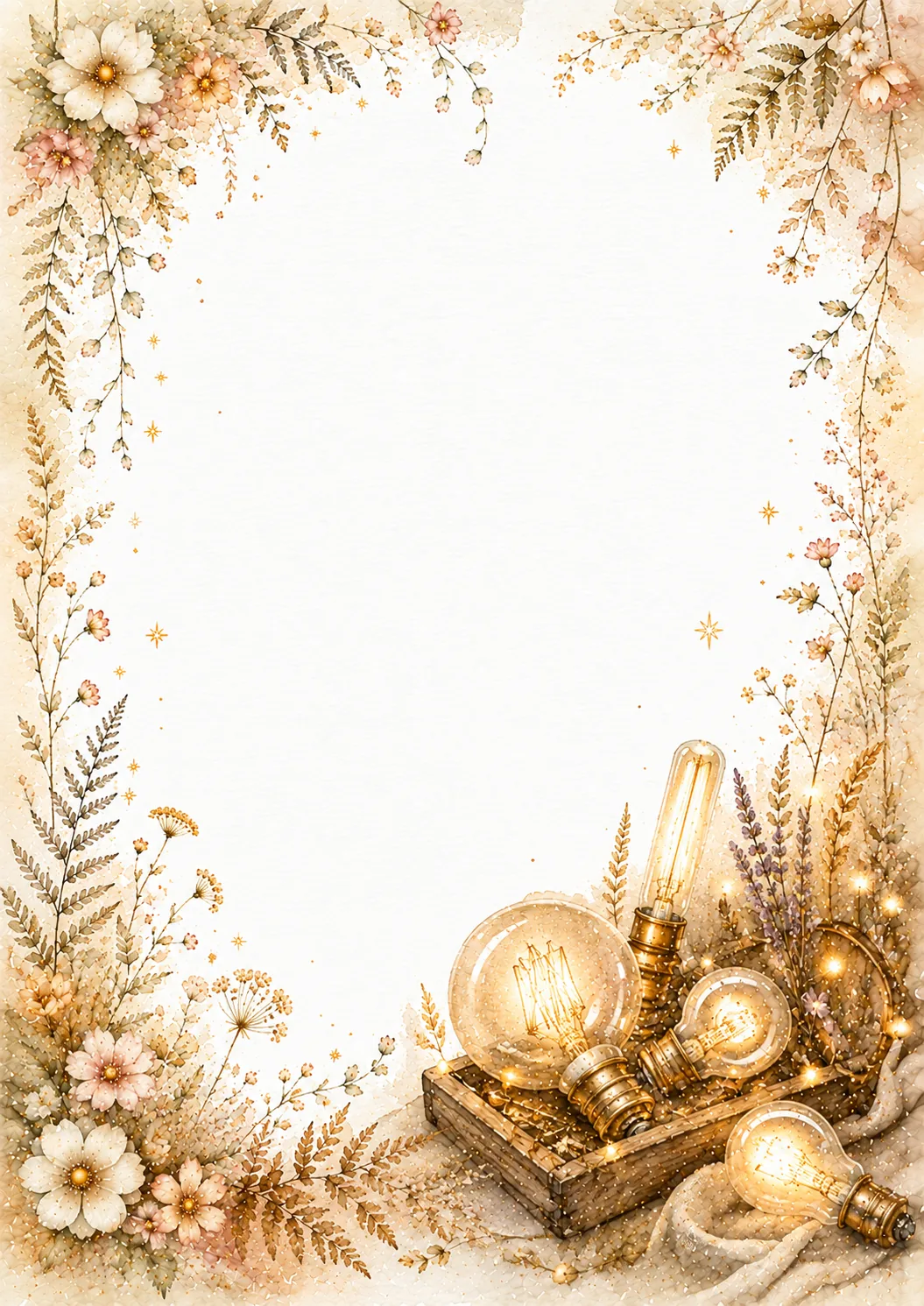 Vintage glowing bulbs in a wooden crate with cream flowers, ferns, and warm botanical details