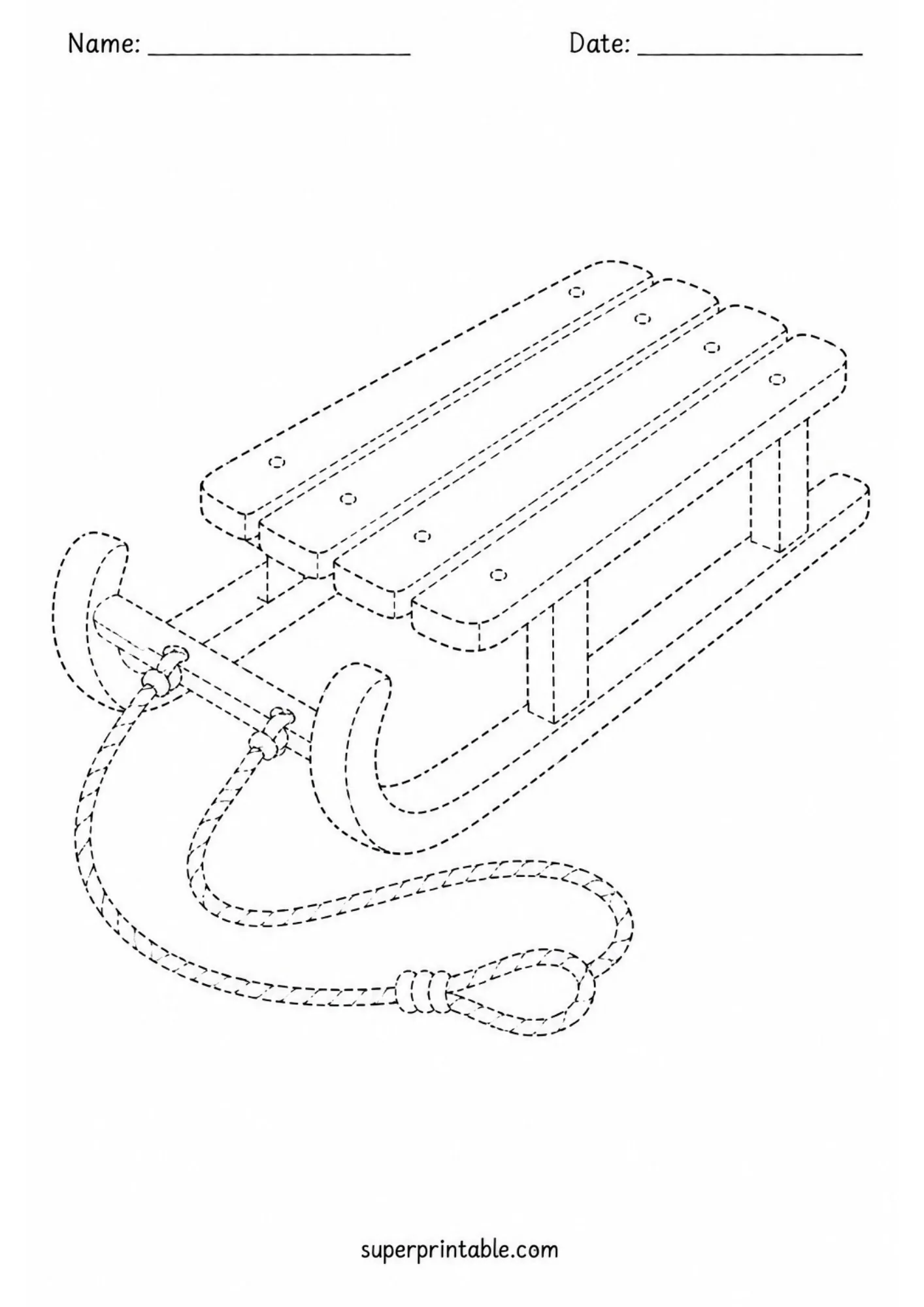 Dashed-line tracing sheet depicting a traditional wooden snow sled with attached pull rope.
