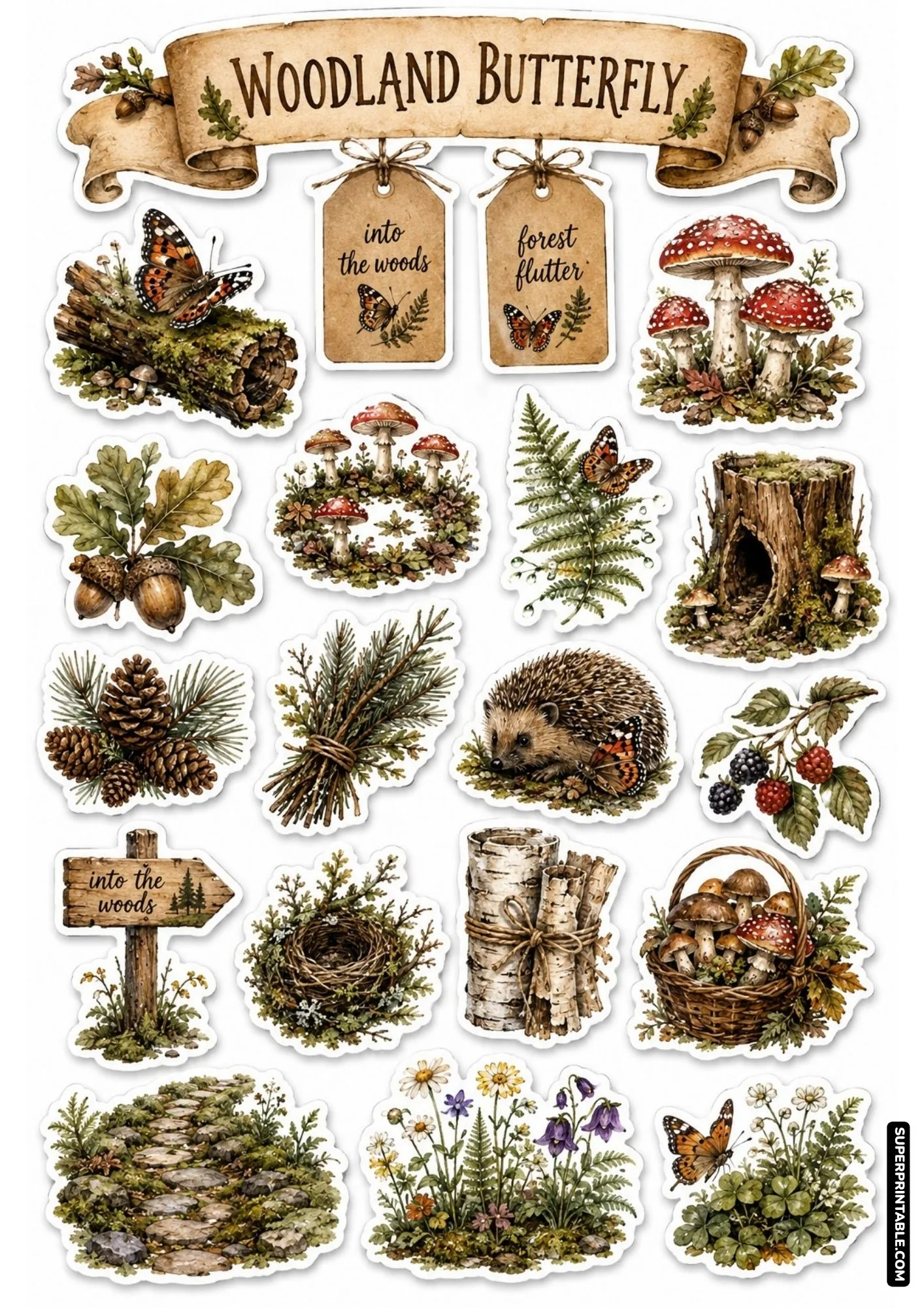 Woodland nature forest sticker sheet featuring butterflies, fly agaric mushrooms, mossy logs, and cute hedgehogs.