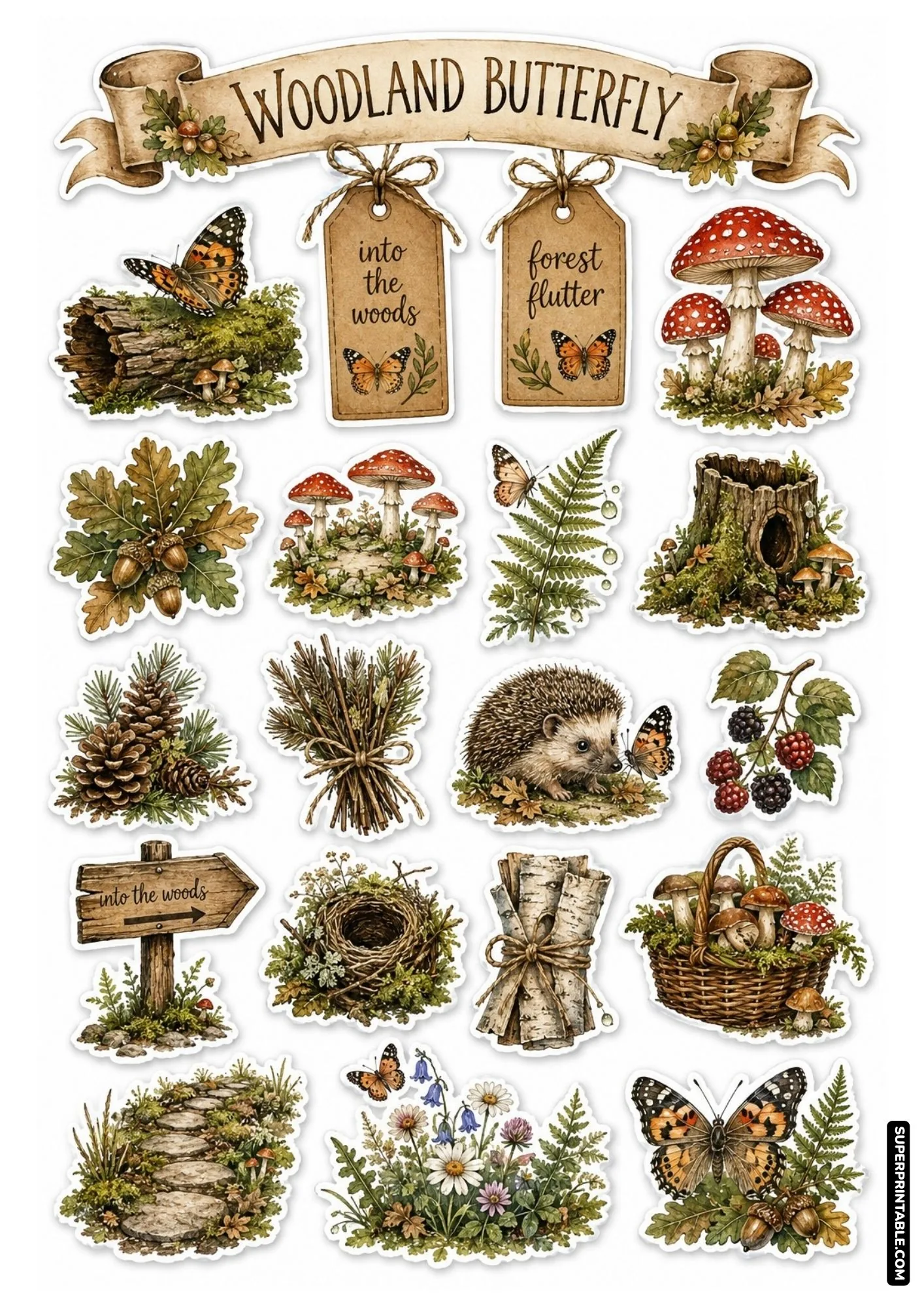 Woodland butterfly sticker sheet with red fly agaric mushrooms, cute hedgehog, and mossy forest tree stumps.