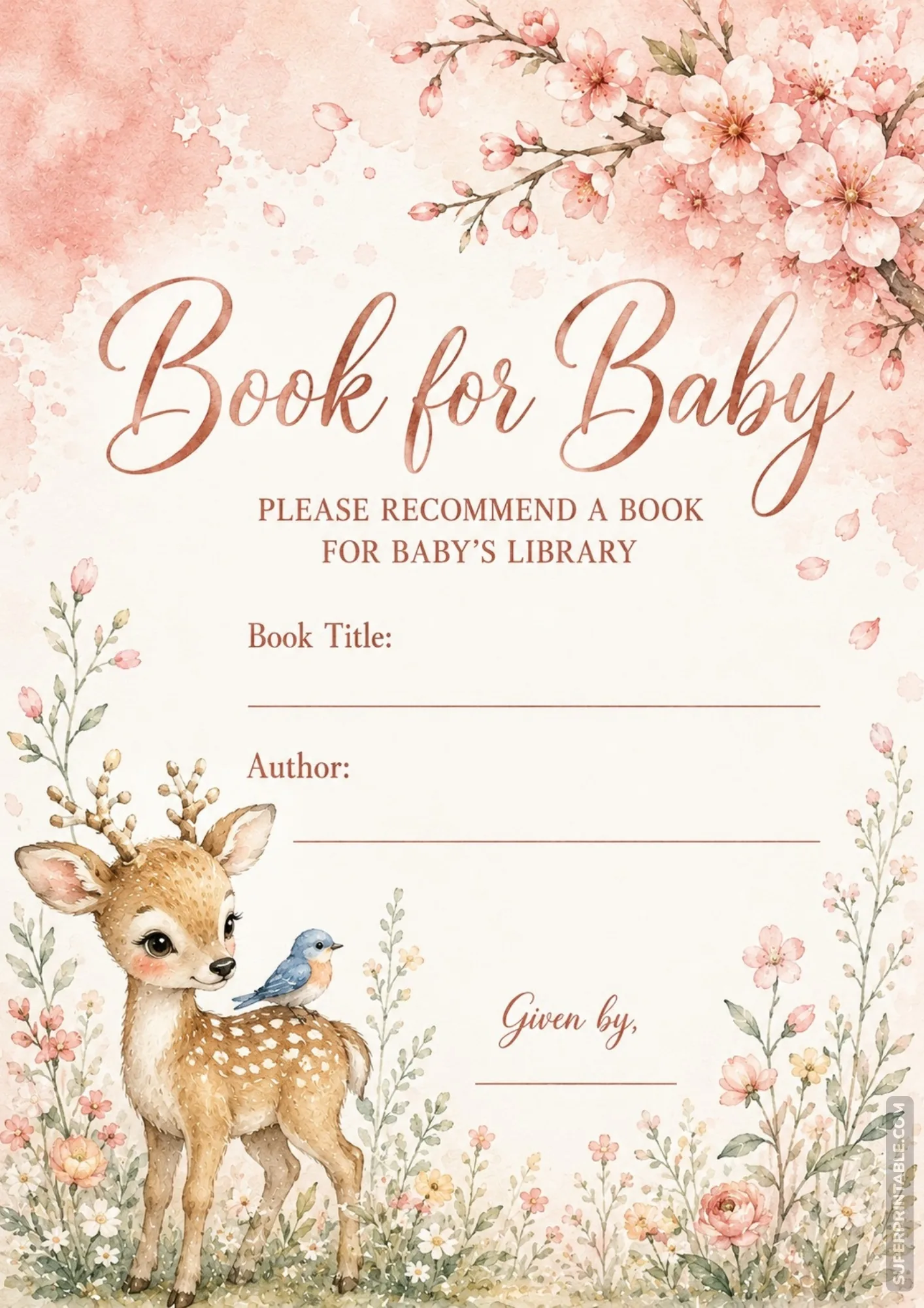 Soft pink woodland baby shower book card featuring spotted fawn deer, bluebird, and cherry blossoms.