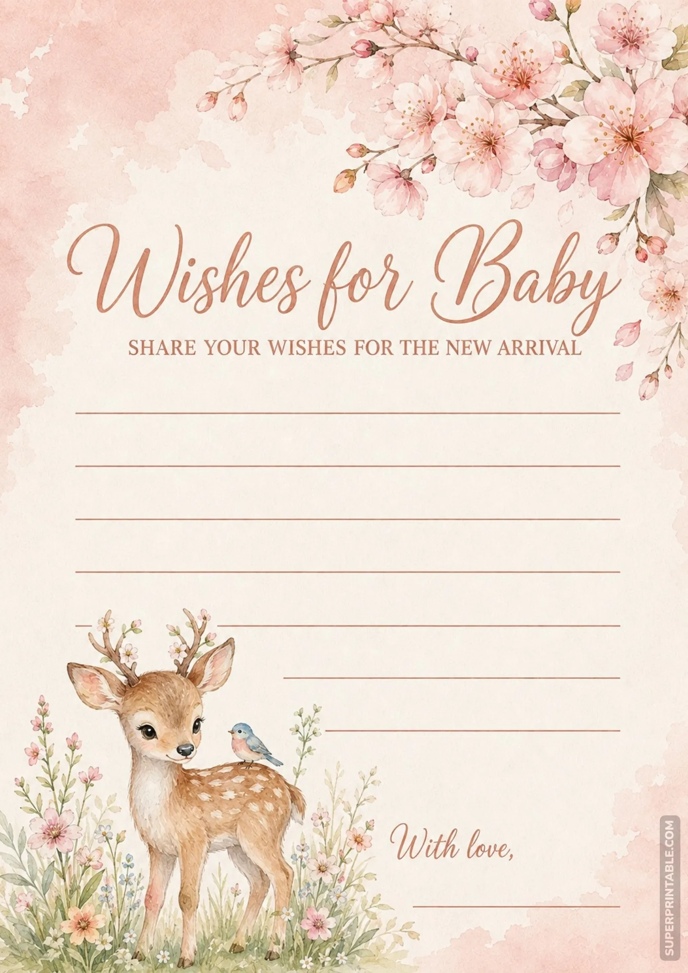 Soft pink floral card design displaying a baby fawn with a bluebird and delicate blooming cherry blossoms.