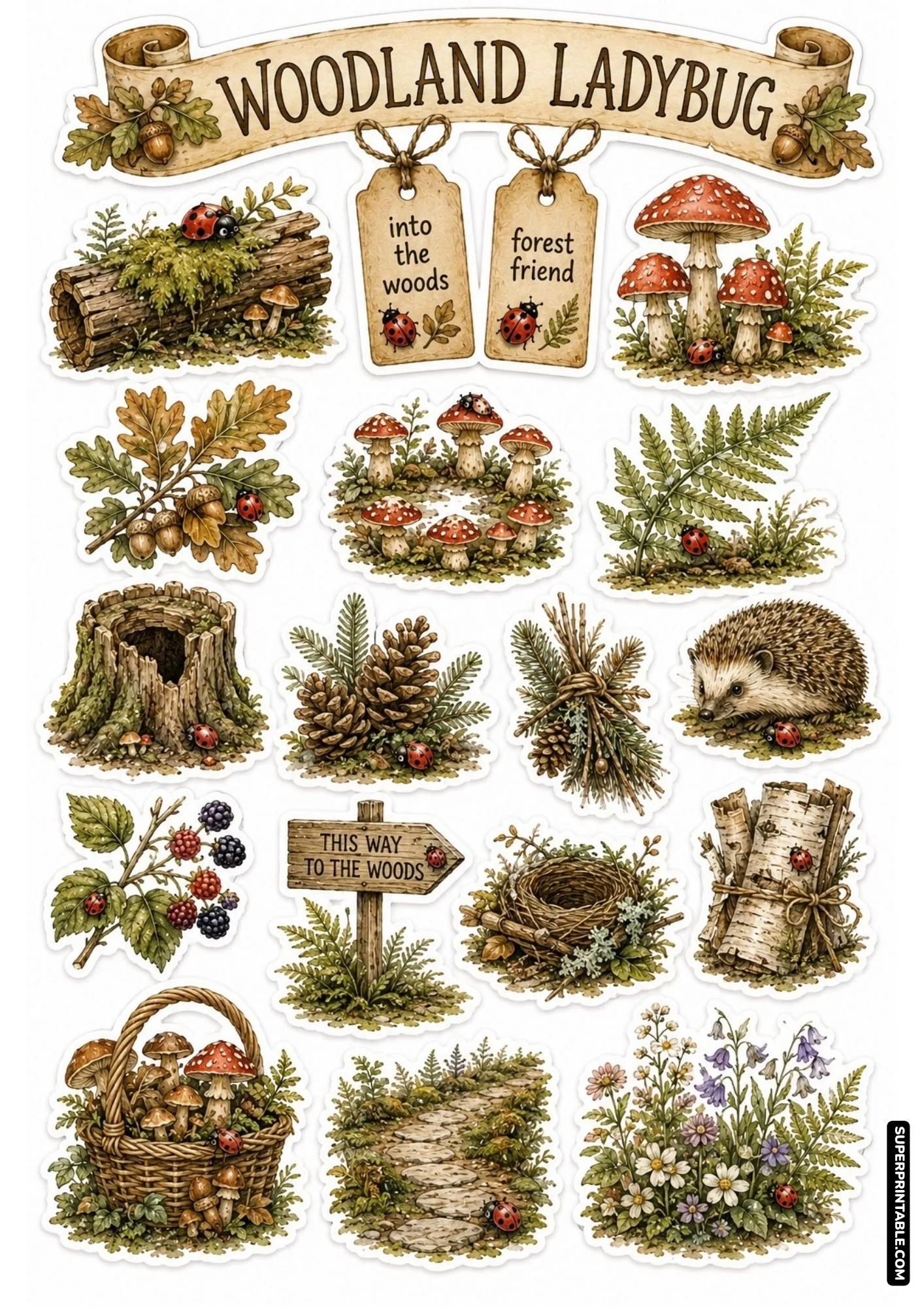 Woodland nature sticker sheet featuring red ladybugs, fly agaric mushrooms, mossy logs, and forest hedgehogs.