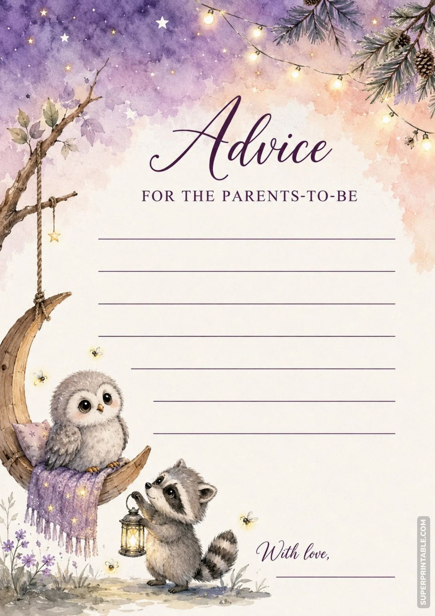 Printable baby shower advice cards with watercolor owl sitting on moon swing beside a raccoon with lantern.