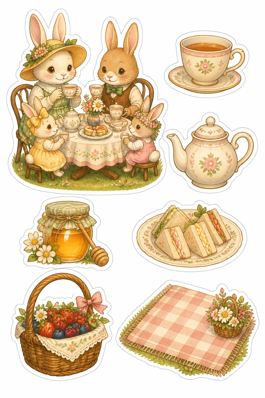 Printable woodland tea party sticker sheet with bunny family tea party cottagecore stickers