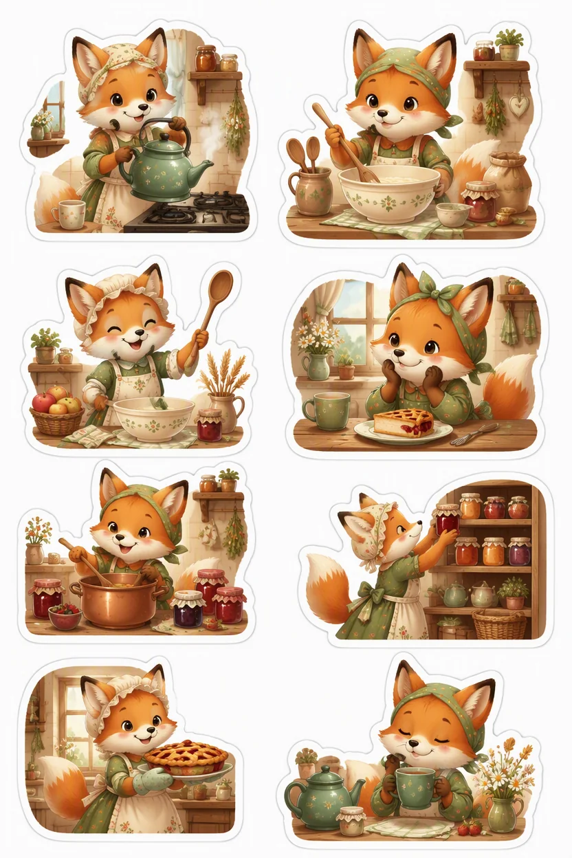 Printable woodland tea party sticker sheet with fox cottage kitchen cottagecore stickers